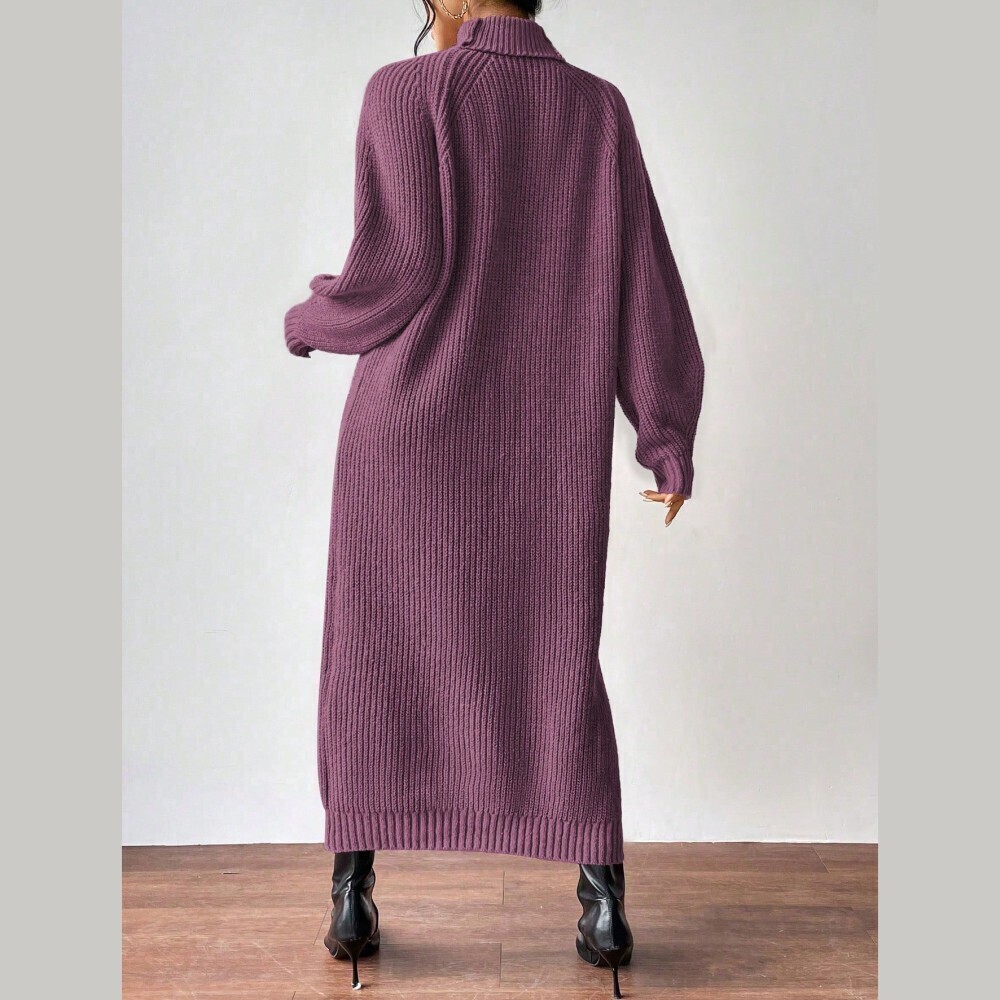 Plum Purple Ribbed Knit Turtleneck Long Sleeve Maxi Sweater Dress - Picture 3 of 7